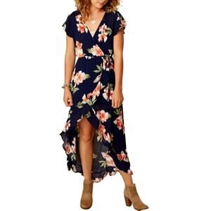 Altar'd State Navy Floral Print Faux Wrap Tie Dress Size Medium Cottagecore Boho